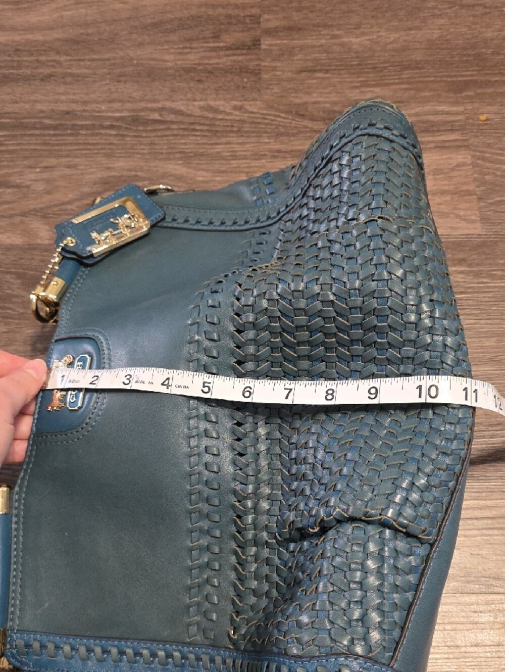 Coach Teal Woven Leather Tote with Gold Hardware - Picture 13 of 13